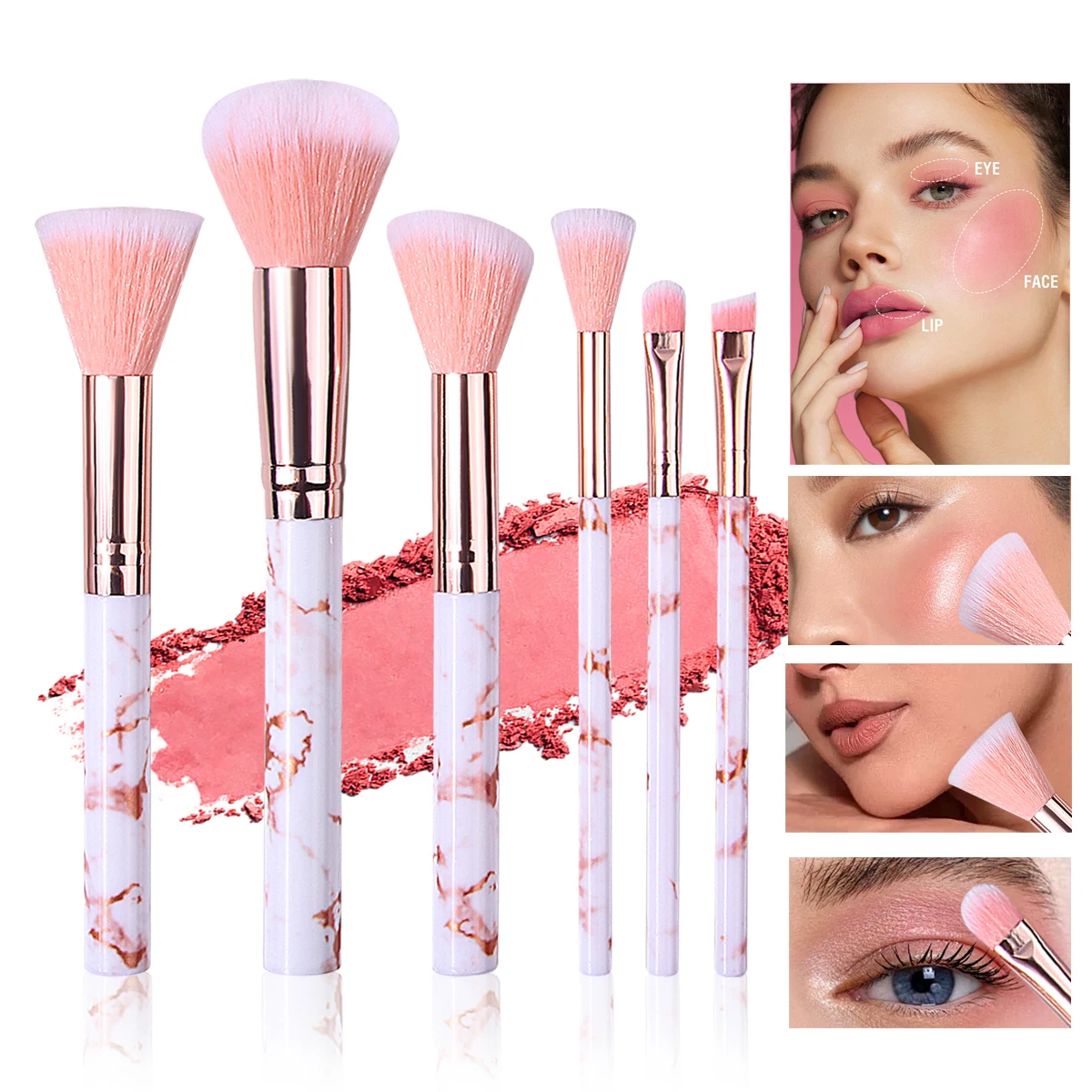 مجموعة فرش مكياج وردية مكونة من 6 قطع - تتضمن فرشاة أحمر الخدود وفرشاة كونتور وفرشاة ظلال العيون وفرشاة المزج | أدوات ماكياج كاملة #1