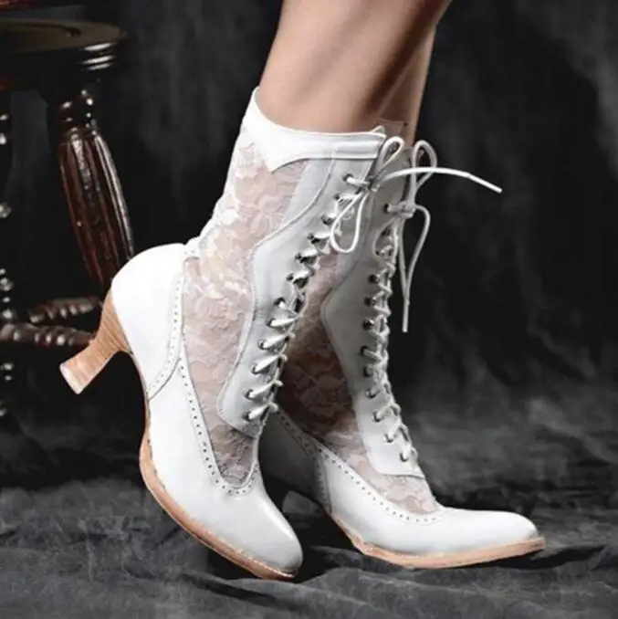 Women Lace Lace-Up Pointed Toe Mid Heel Ladies Boots Boots Leather Lace Hollow Out Classic White Black High Heel Shoes Plus Size