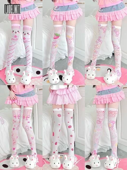 かわいいプリントウサギ膝ストッキングソフトガールロリータ娘服かわいいイチゴコスプレベルベット腿ストッキング