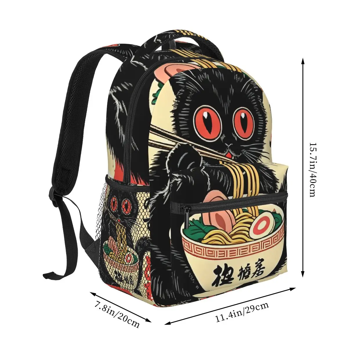 Vintage Japanese Black Cat Ramen Backpack Student Boys Girls BookBag Kids School Bag Computer Shoulder Bags for Men Women