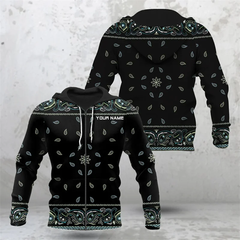 Paisley 3D Impresso Hoodie Casual, Bandana Gráficos De Tecido, Patchwork Zipper Pullovers, Nome Personalizado, Tendência Da Moda, Streetwear