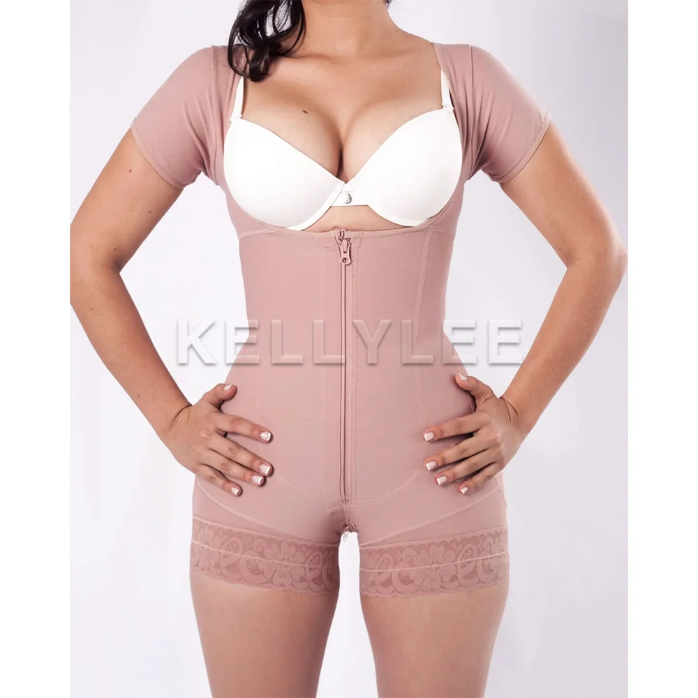 Open-Chest Half-Sleeve Smooth Tummy Control Shapewear Postpartum Fajas Colombianas Shapewear with Zipper Modeling Soft Home Wear