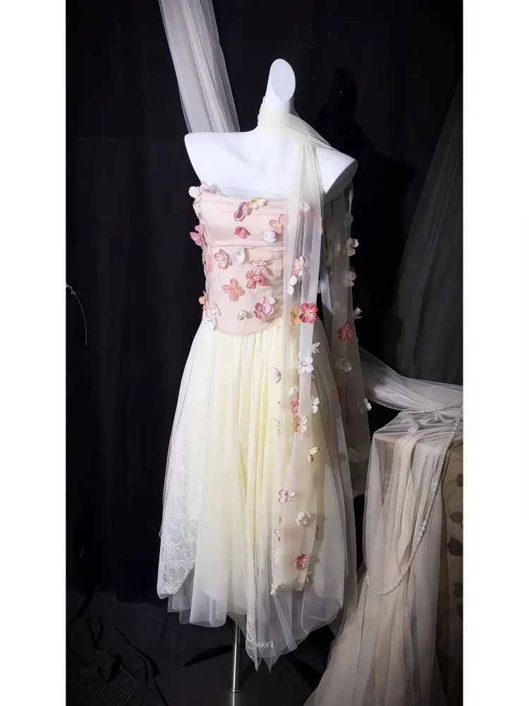 

Womens Two Peice Sets Summer Hign-end Sexy Style Designed Niche Fish Bone Three-dimensional Flower Strapless Top Mesh and Skirt