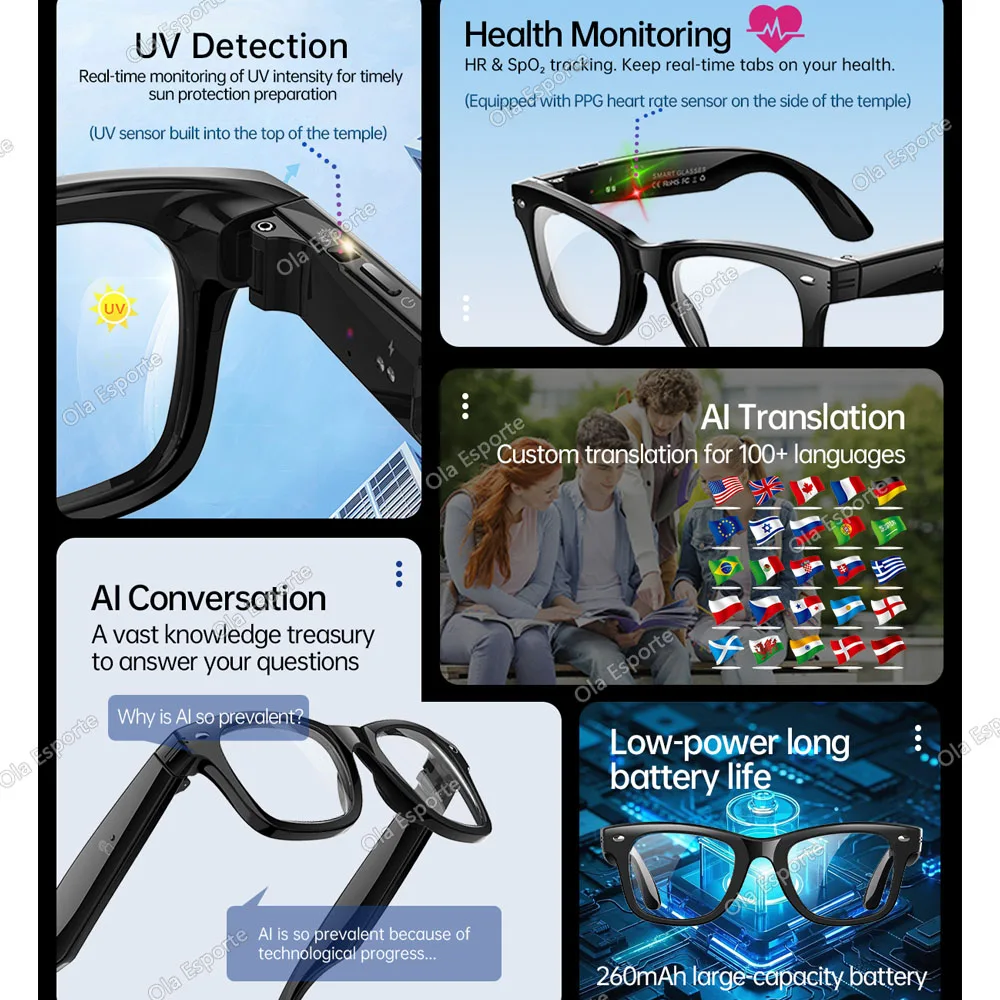 Nowe inteligentne okulary Monitorowanie tętna Tłumaczenie AI Połączenia Bluetooth Muzyka Słuchawki Sportowe okulary przeciwsłoneczne do aktywności na świeżym powietrzu Modne okulary przeciwsłoneczne Męskie Damskie