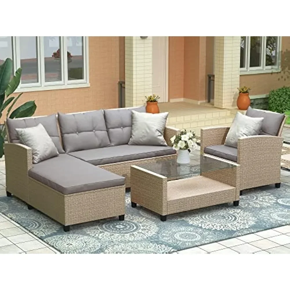 Lazy Sofa Beige Brown 4 Pieces PE Rattan Sectional Sofa Set Include L-Shaped Couch Outdoor Patio Conversation Furniture Poolside