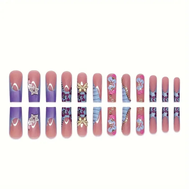 Butterfly Press on Nails Handmade Long Pipe False Nails Glitter Ballet Wearable with French Design Fake nails Full Press on Nail