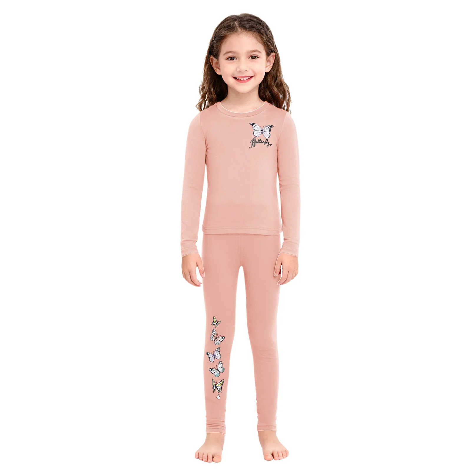 

2Pcs Kids Girls Thermal Underwear Set Butterfly Print Sleepwear Round Neck Long Sleeve Top+Leggings Pants Homewear Loungewear