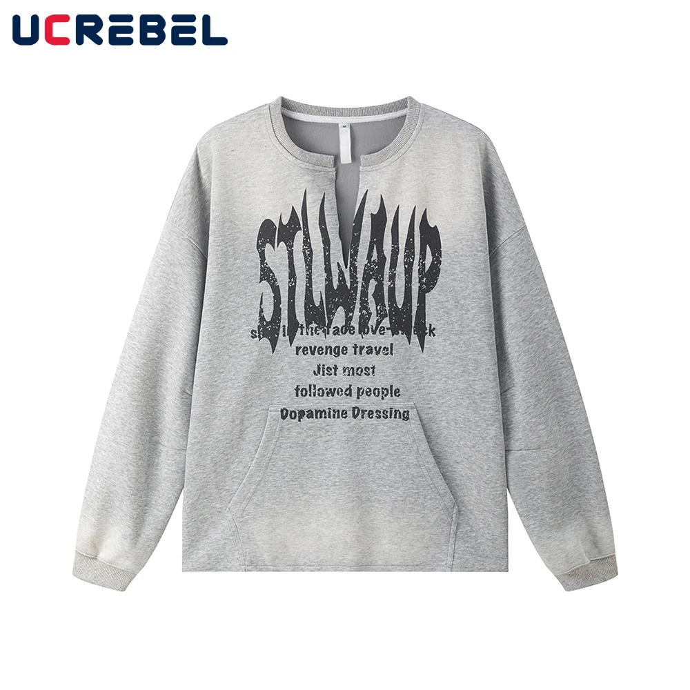

Letter Print Faded Sweatshirts Mens Autumn Retro High Street Loose Washed Distressed Long Sleeve Sweatshirts Men