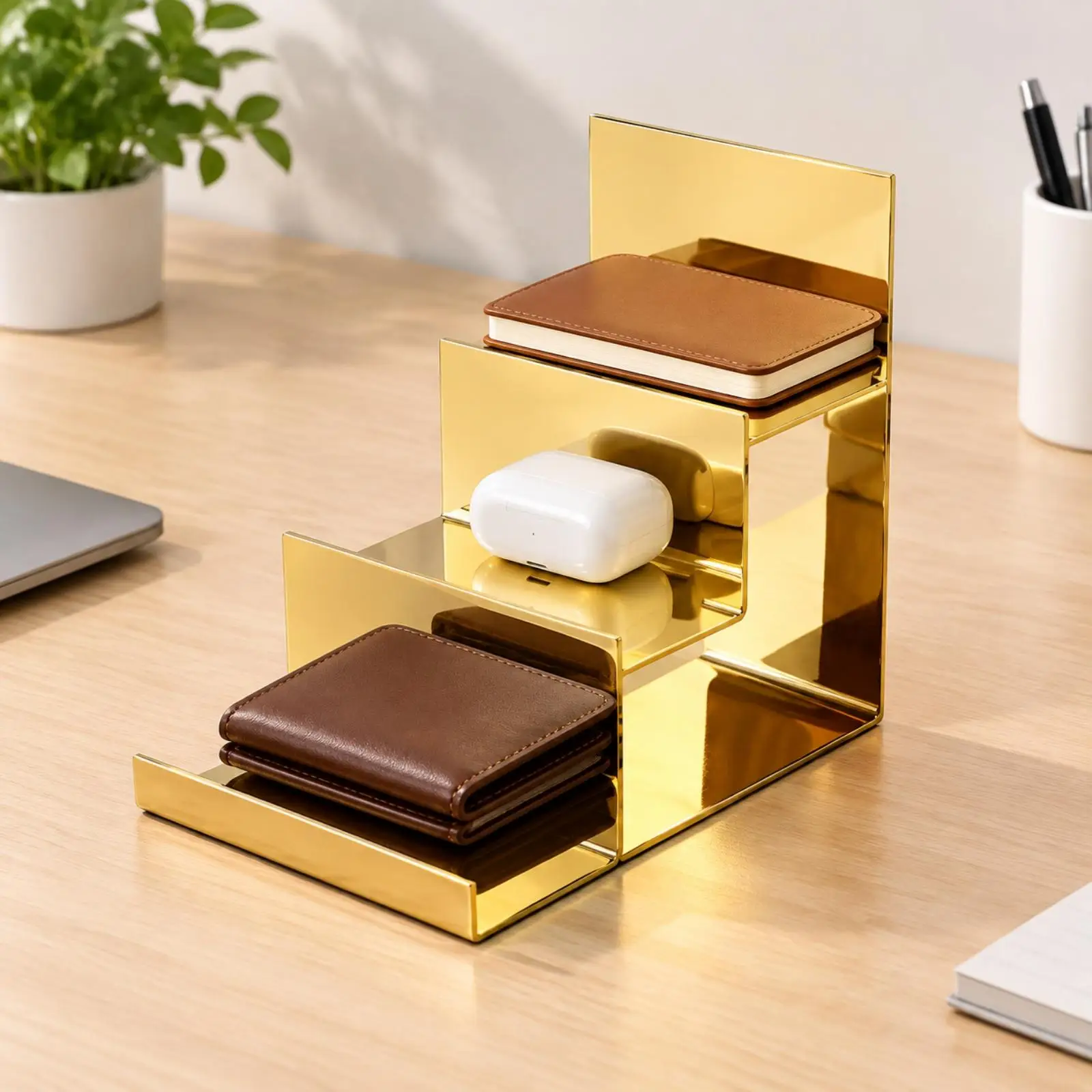 Polished Stainless Steel Wallet Rack Three Layer Display Stand for Retail Countertops and Desks