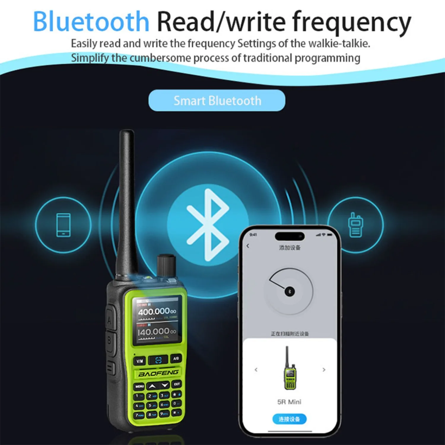 BAOFENG UV-5R راديو صغير ثنائي النطاق ثنائي الاتجاه (5W/999CH) |   برمجة تطبيق بلوتوث، تنبيه الطقس NOAA، شحن سريع من النوع C، عبوتان