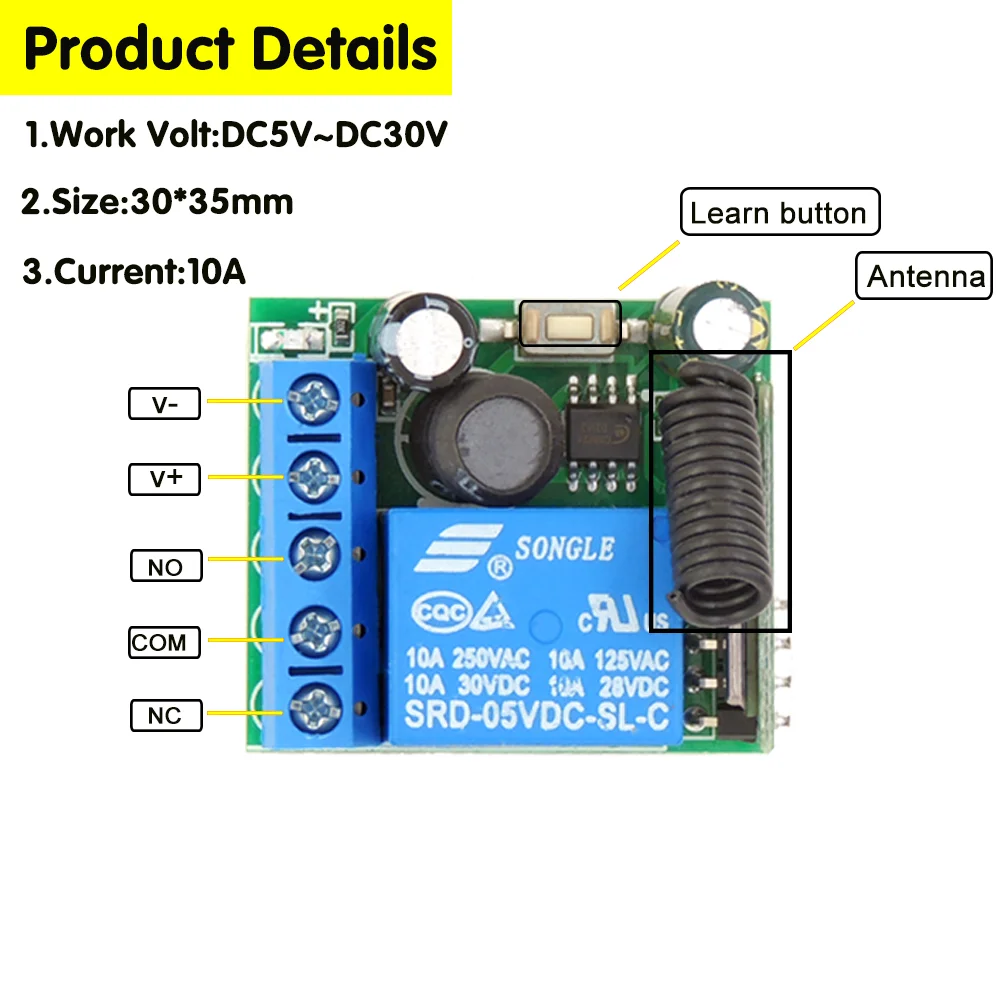 433Mhz RF Remote Control Wireless Switch DC 5V 12V 24V 1CH rf Relay Receiver and 2CH Transmitter For Door Electromagnetic lock