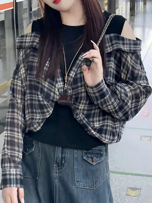 

Chic Plaid Splice oulder Long Sve Women's irt Spring New plus Size Conceal Meat Slimming Ele Top Commute Sle Kor...