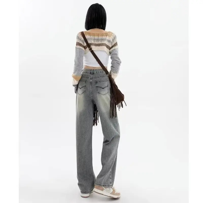 2024 Korean Style Blue Wide-Leg Jeans Female New High Waist Straight Pants Loose Mopping High Street Pants Fashion Stretch Desig