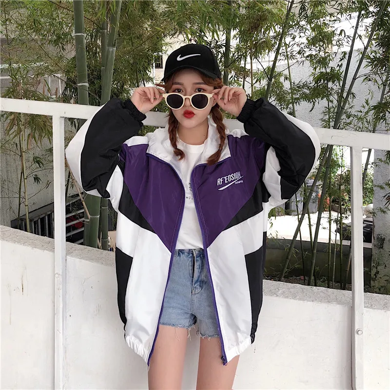 

Spring Autumn Women's Loose Jacket Sports Trench Coat Harajuku High Street Fashion Vintage Contrasting Color Spliced Jacket