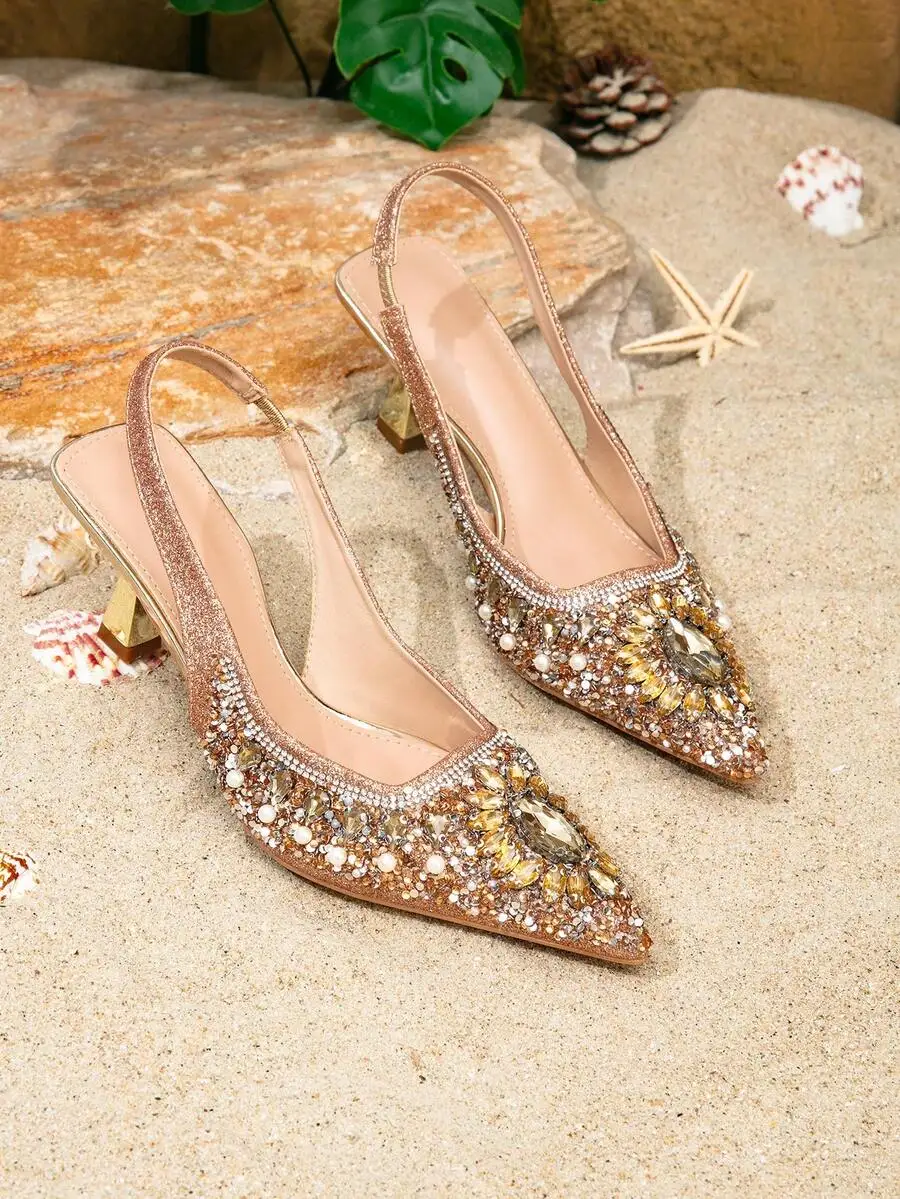 

Crystal Embellished Pointed Toe Slingback Heels For Women - Sparkly Bridal Wedding Pumps With Sculpted Heel