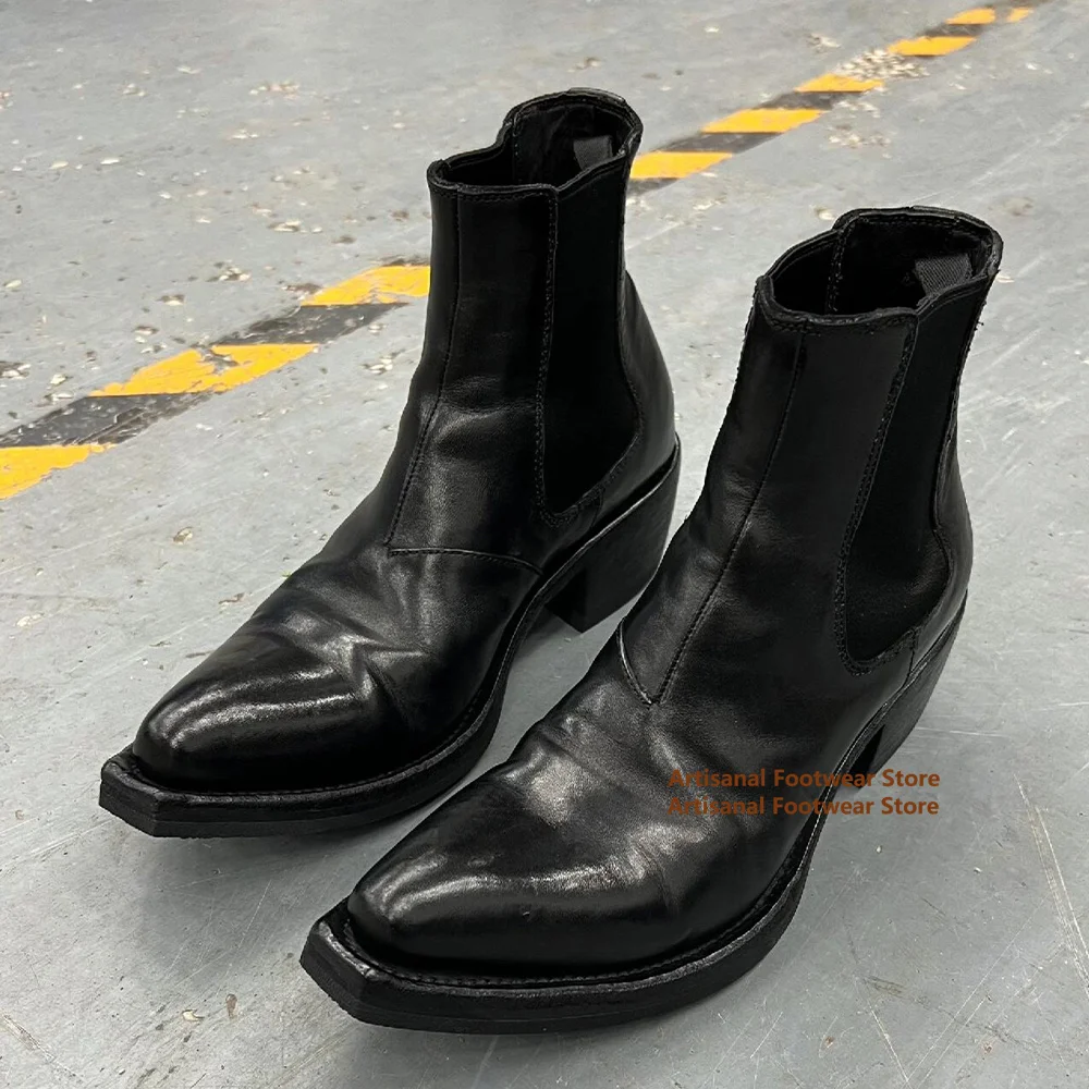 

Pointy Toe Thick Soled Chelsea Boots Men's Elastic Band Height Increasing Boots Trendy Handmade Luxury Designer Men's Boots