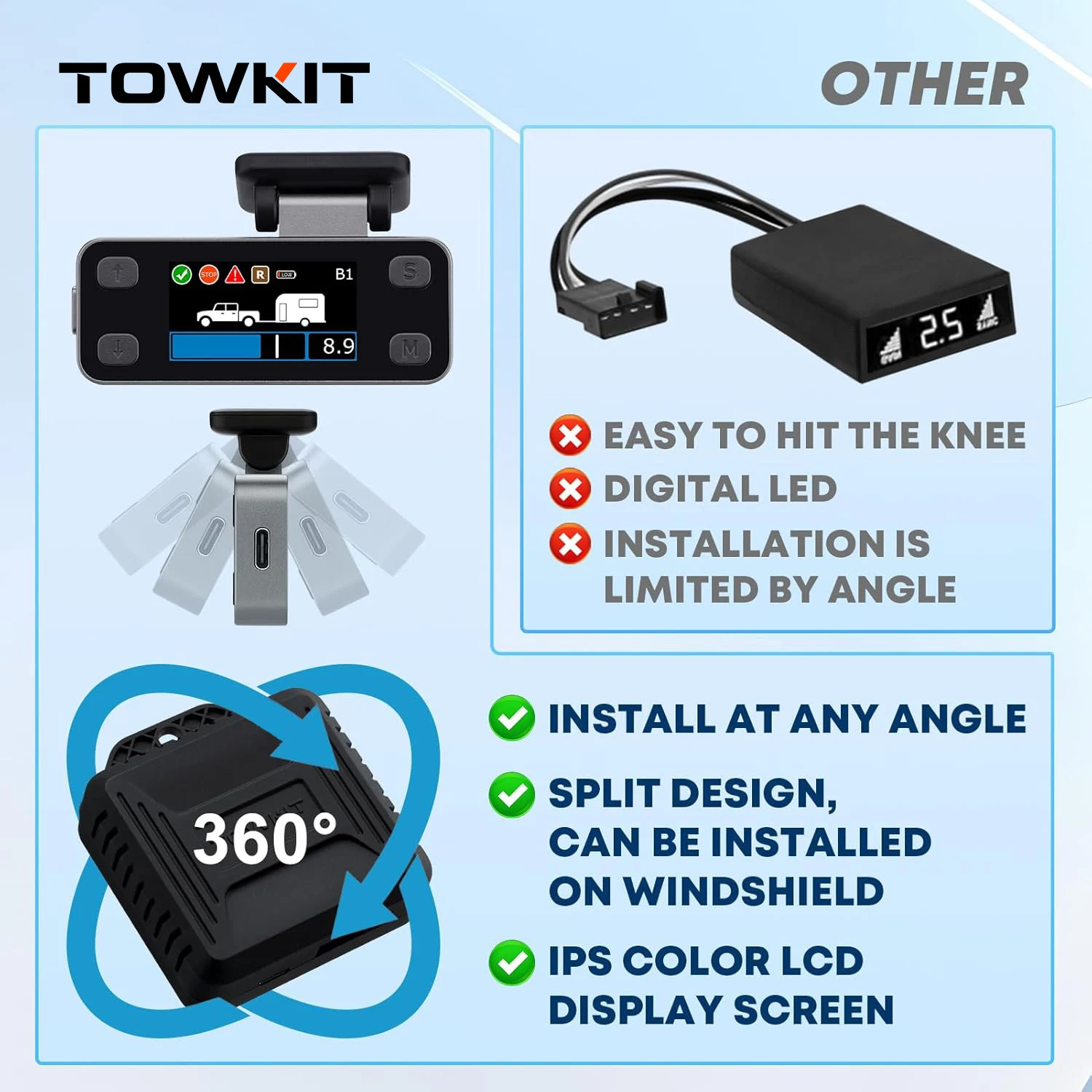 TOWKIT Upgraded Trailer Brake Controller, Split Electric Brake Controller Kit, LCD Screen,  1-3 Axles,Brake Controller