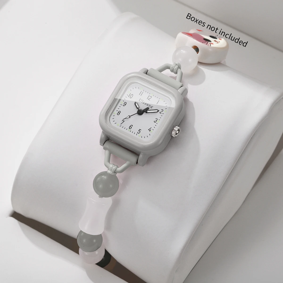 Lovely Square Women Quartz Watch Girls Cartoon Cat Charm Beads Strap Bracelet Wristwatch Clock Relogio Feminino (Without Box)