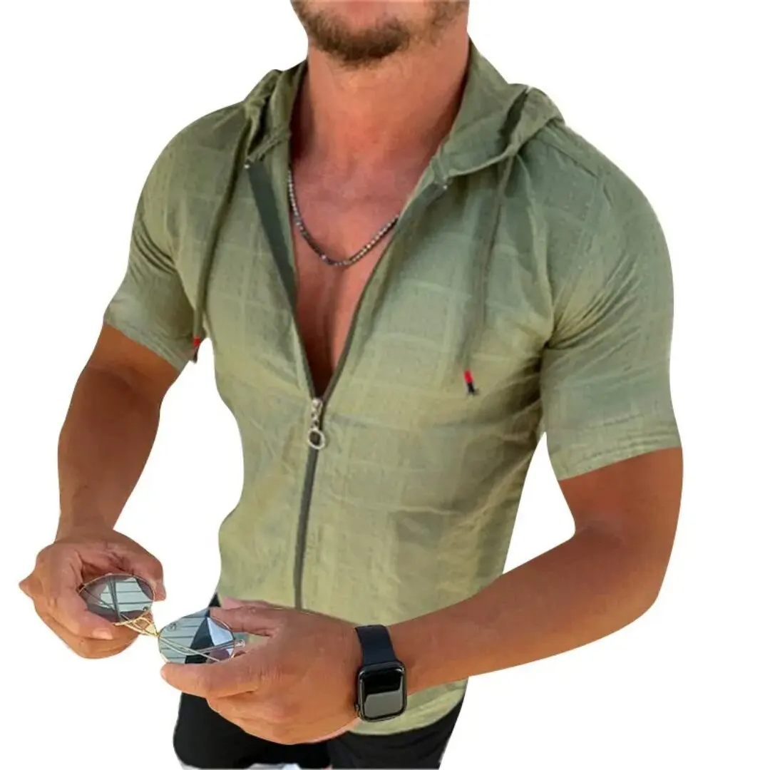 2026 summer new fashion plaid zipper sleeveless hooded cardigan T-shirt men's slim sports breathable fitness top - Image 2