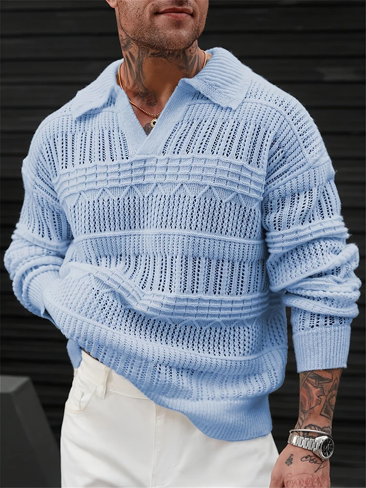 New Casual Hollow Out Crochet Sweaters Men Vintage Long Sleeve Textured Polo Sweater Autumn Stylish Mens Solid Color Knit Jumper