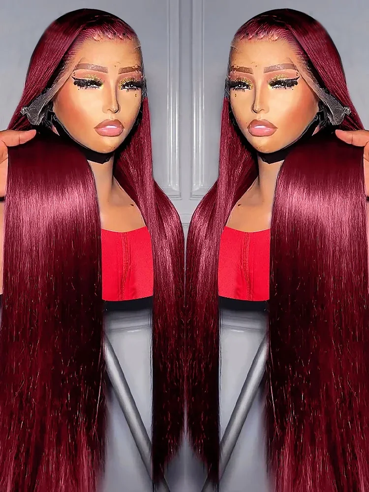 13x4 99j Burgundy straight Lace Front Human Hair 200 Density 13x6 HD Transparent Lace Frontal Wig Brazilian For Black Women