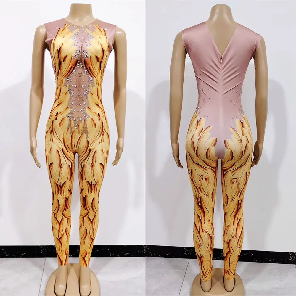 Sparkly Crystal Printed Sleeveless Jumpsuit Halloween Cosplay Leotard Performance Costume Nightclub Party Show Dancer Stage Wear
