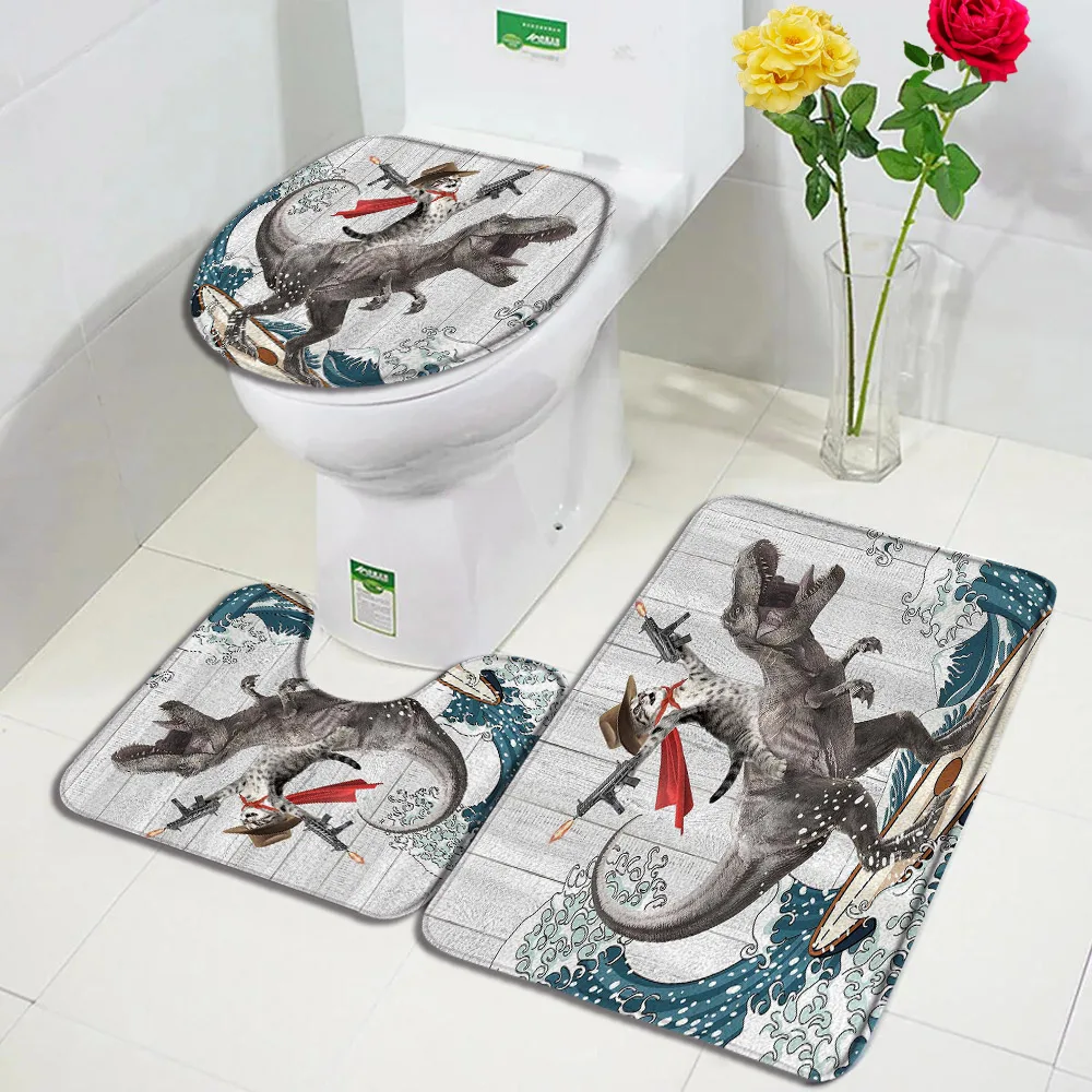 Funny Cat Bath Mat Set Creative Dinosaur Surf Sea Waves Grey Planks Kids Home Carpet Bathroom Decor Floor Rugs Toilet Lid Cover