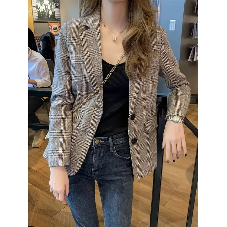

Модный клетчатый короткий пиджак в британском стиле для женщин, повседневный, весна-осень, новинка, универсальный, с длинными рукавами