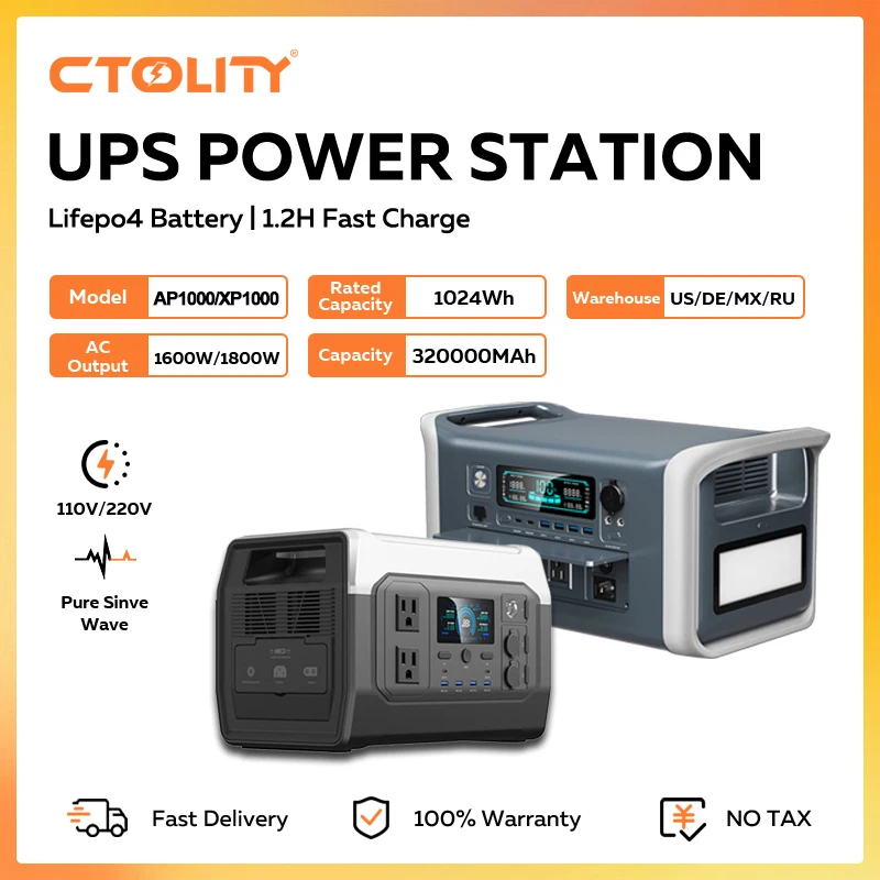 

Портативная электростанция CTOLITY 1600 Вт, 1024 Втч Lifepo4, аккумулятор, солнечный генератор, розетки переменного тока, чистая опавная волна, уличный источник питания, новый