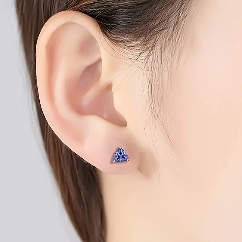 Tanzanite Stud Earrings for Women Triangular Crystal Earrings 925 Silver Hypoallergenic Luxury Jewelry Gift
