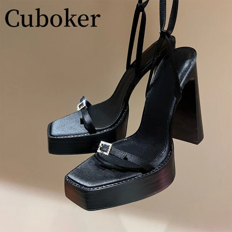 

Luxury Runway Banquet Platform Satin Sandals Square toe High Heels Women Sandals Female Sexy Black Ladies Pumps Woman Summer