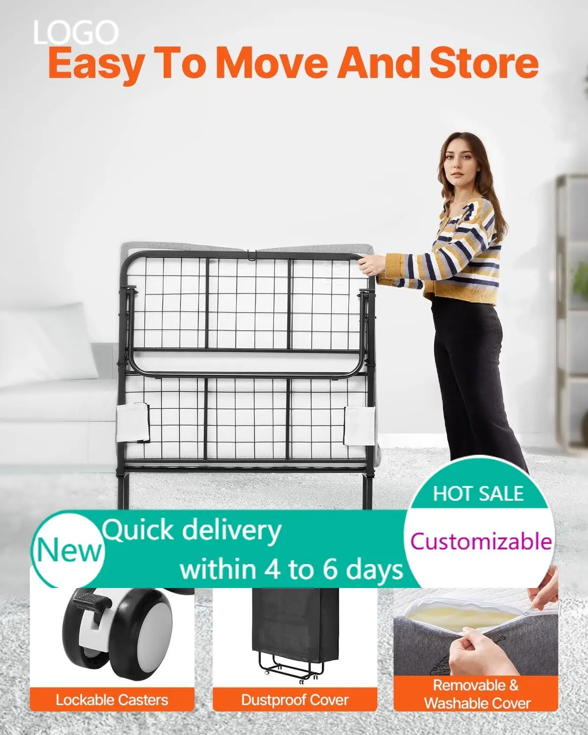 38 in x 75 in Folding Bed with 5 in Mattress,White, Metal Frame & Memory Foam Mattress, 450 lbs Weight Capacity