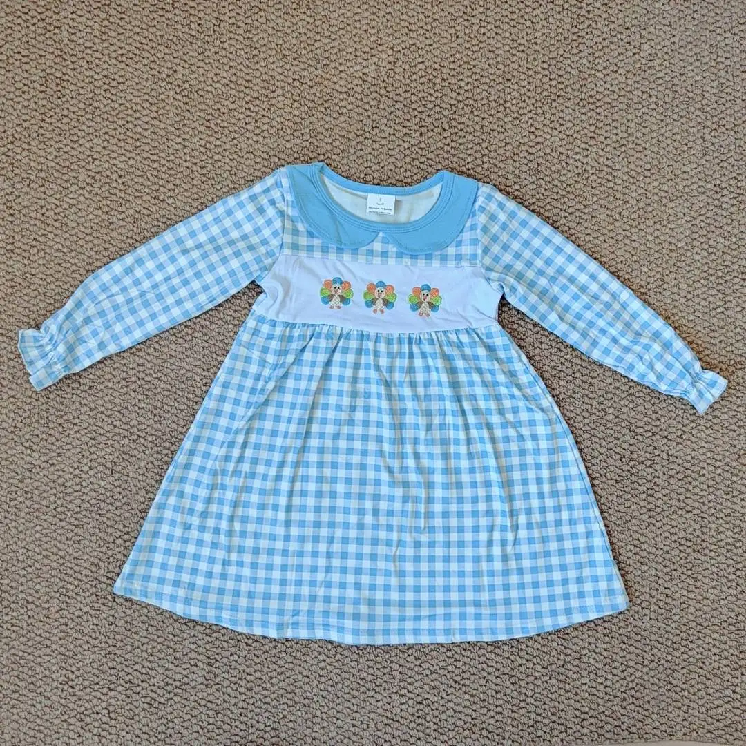 

9.26 Baby Girls Winter Dresses Embroidery Baby Girls Blue Checkered Thanksgiving Turkey Ruffle Knee Length Dress
