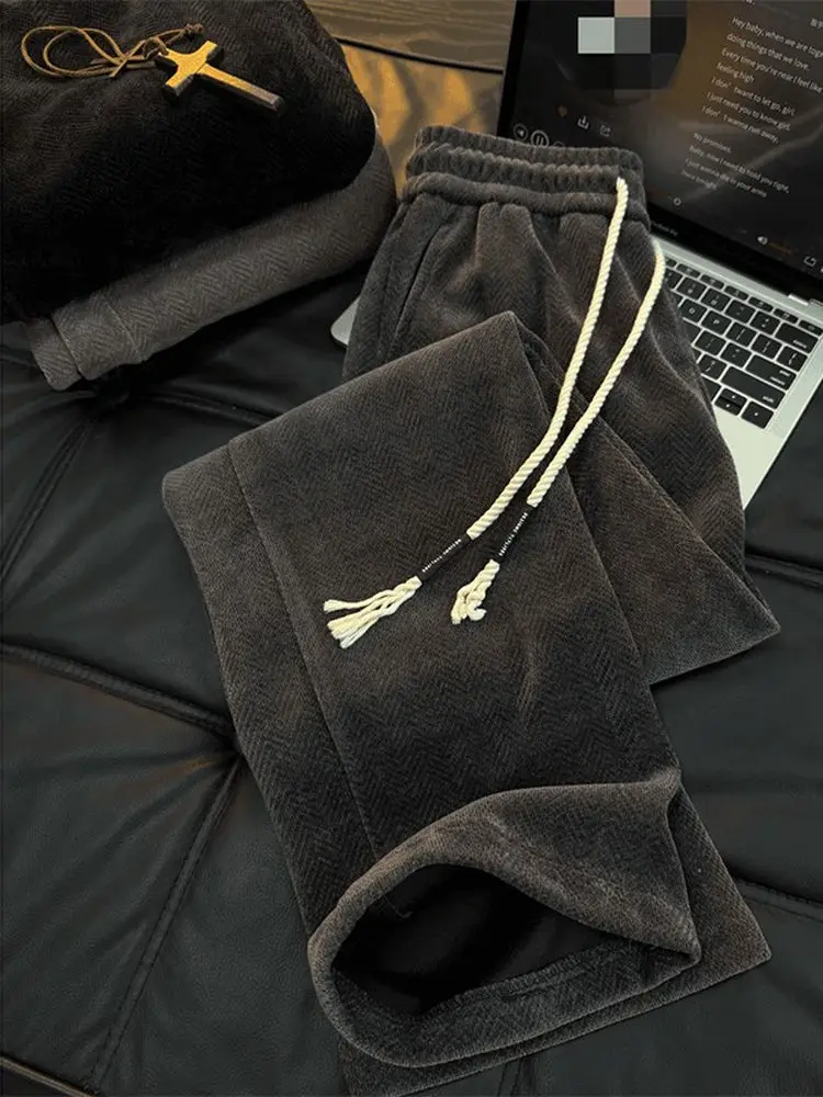 

Thiened Fce Men's Straight Leg Pants Autumn Winter Warm Silver Fur Sport Sweatpants Wide Leg Long Trousers Bla