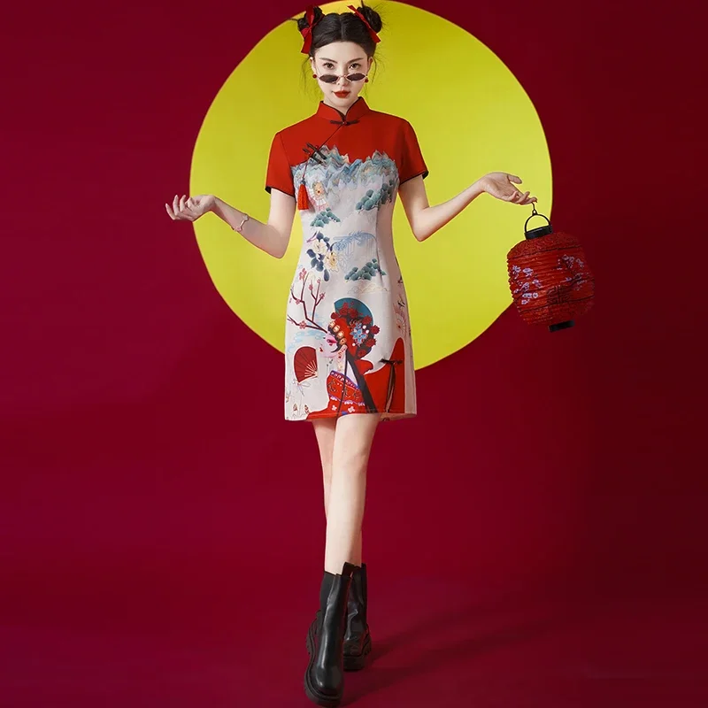 Red Traditional Chinese Style Improved Cheongsam for Young Girls Slim Short Sleeve Qipao Dress Modern Clothing New Year CNY