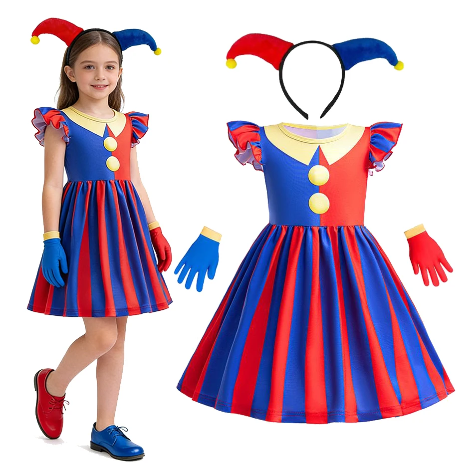 Mädchen Zirkusclown Kostüm Rot-Blaues Vertikal Gestreiftes Kleid mit Narren-Stirnband und Handschuhen für Halloween Cosplay Show