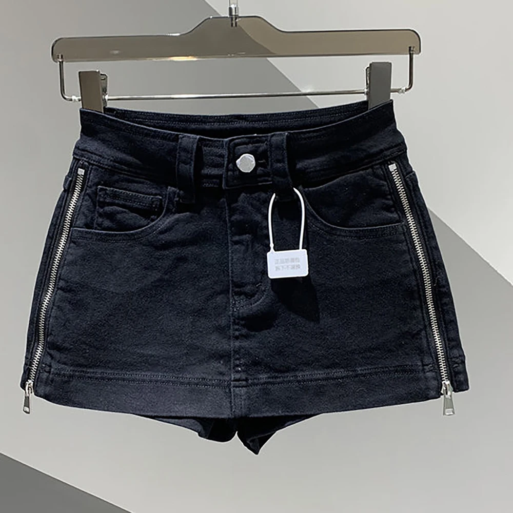 Summer Women High Waist Black Denim Skirt Trendy Side Metal Zipper Stretch Casual Jean Skirts Y2K Streetwear Mini Shorts Skirt