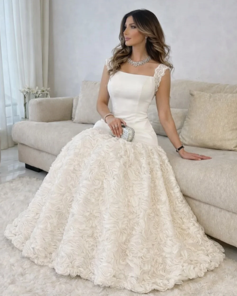 

Customized High Quality Women Jersey Lace Handmade Flower Ruched A-Line Evening Dresses Fashion Off-the-shoulder Prom Dresses