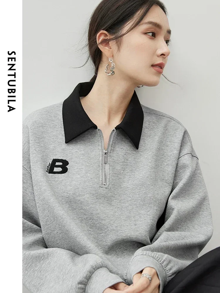 SENTUBILA Women Cotton Sweatshirt 2025 Spring Letter Embroidery Long Sleeve Tops Half Zip Casual Loose Pullovers Woman 143A56214