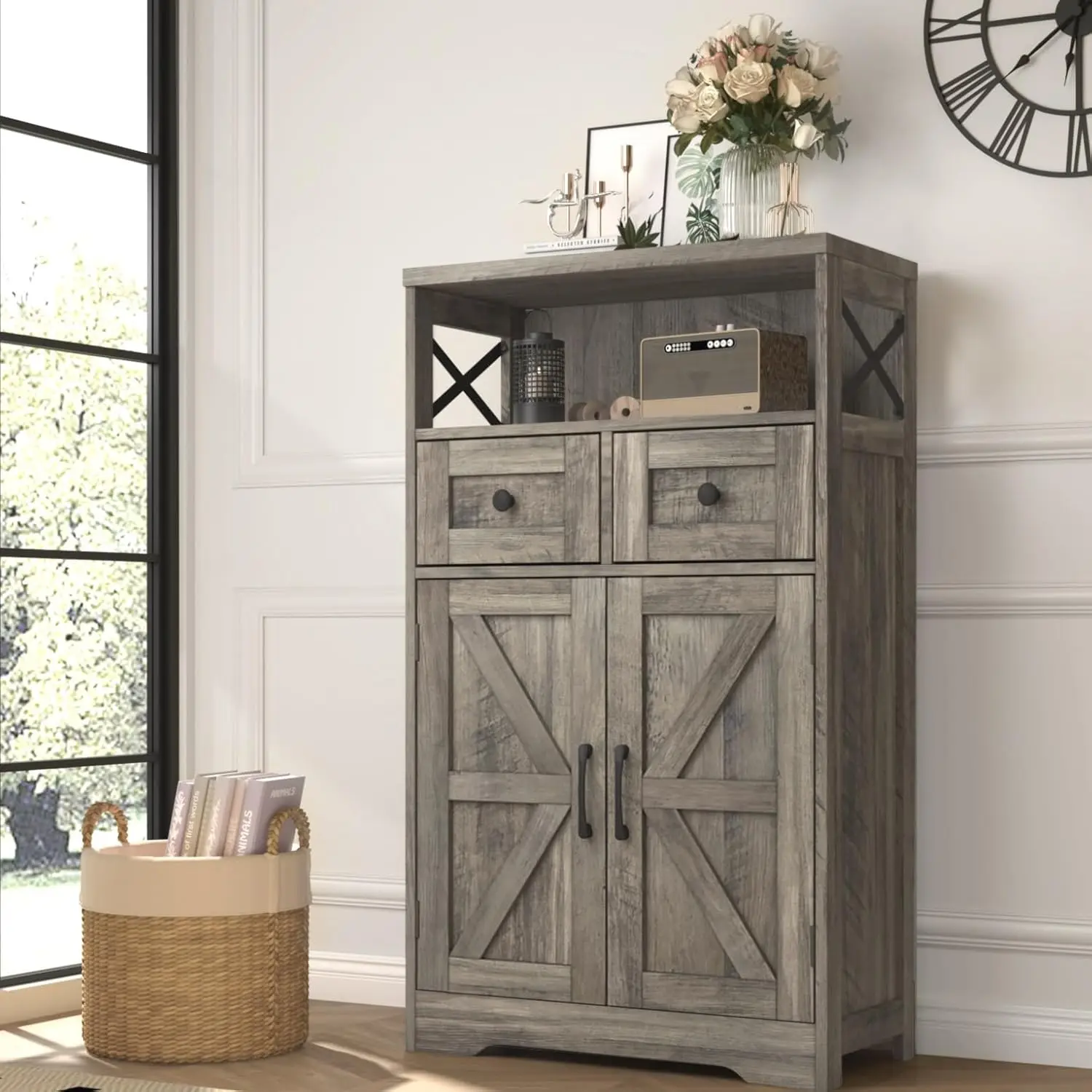 

Farmhouse Storage Cabinet with Drawers and Shelf, Freestanding Kitchen Pantry Storage Cabinet, Floor Storage Cabinet Hutch Cupbo