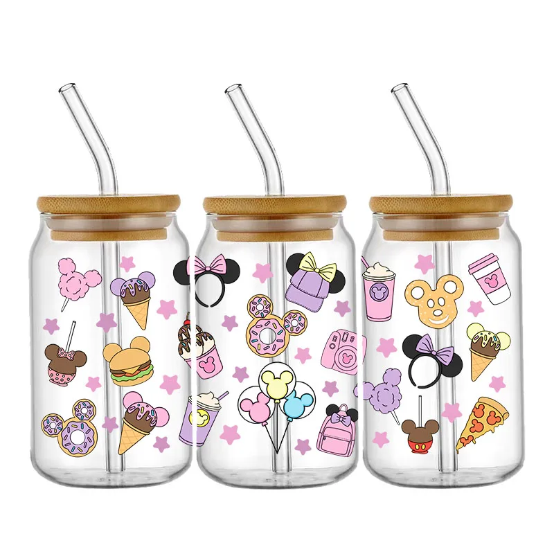 Cartoon Disney Micky Snacks 16OZ UV DTF Cup Wraps Transfer Sticker For Glass Libbey Can Bottle Selfadhesive Washable DIY Custom