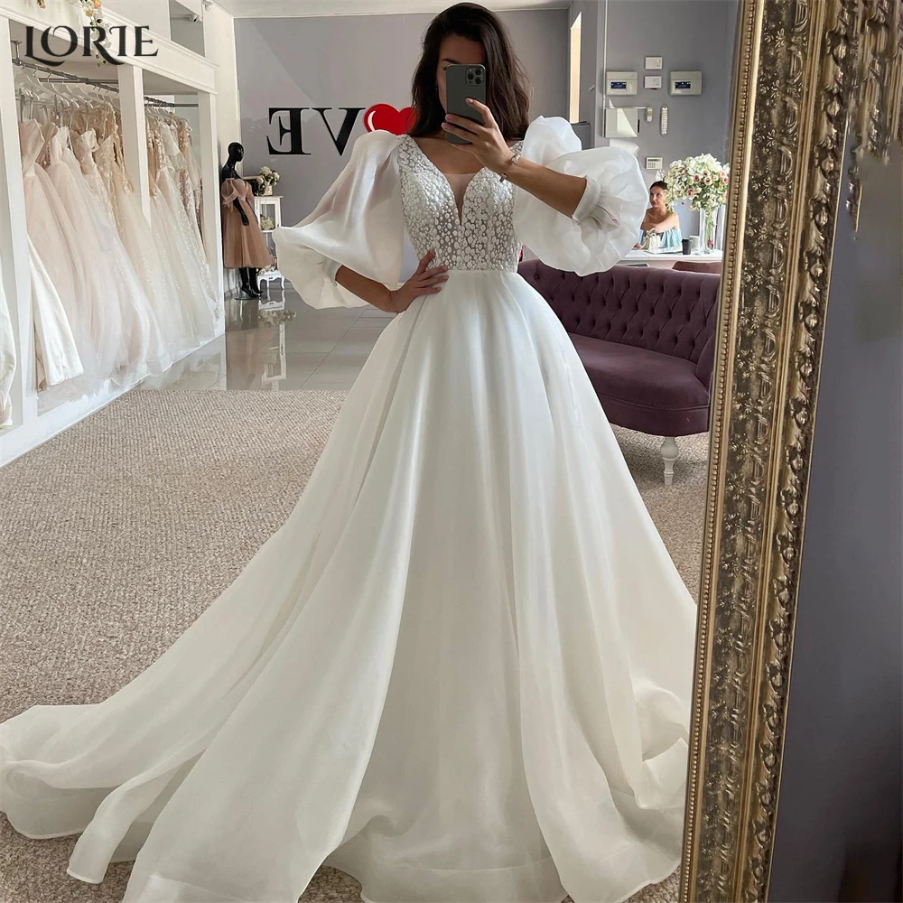 

LORIE Vintage Lace Wedding Dresses V-Neck Puff Sleeves A-Line Appliques Bridal Gowns Princess Bride Dress robe de mariée 2024