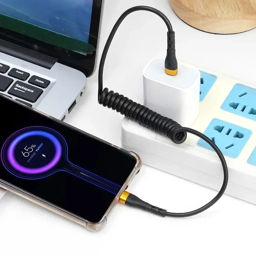 PD120W Fast Charging Coiled Dual USB C Cables Flexible Spring Type C To C Charger Wire Cord for Mobile Phone Tablet