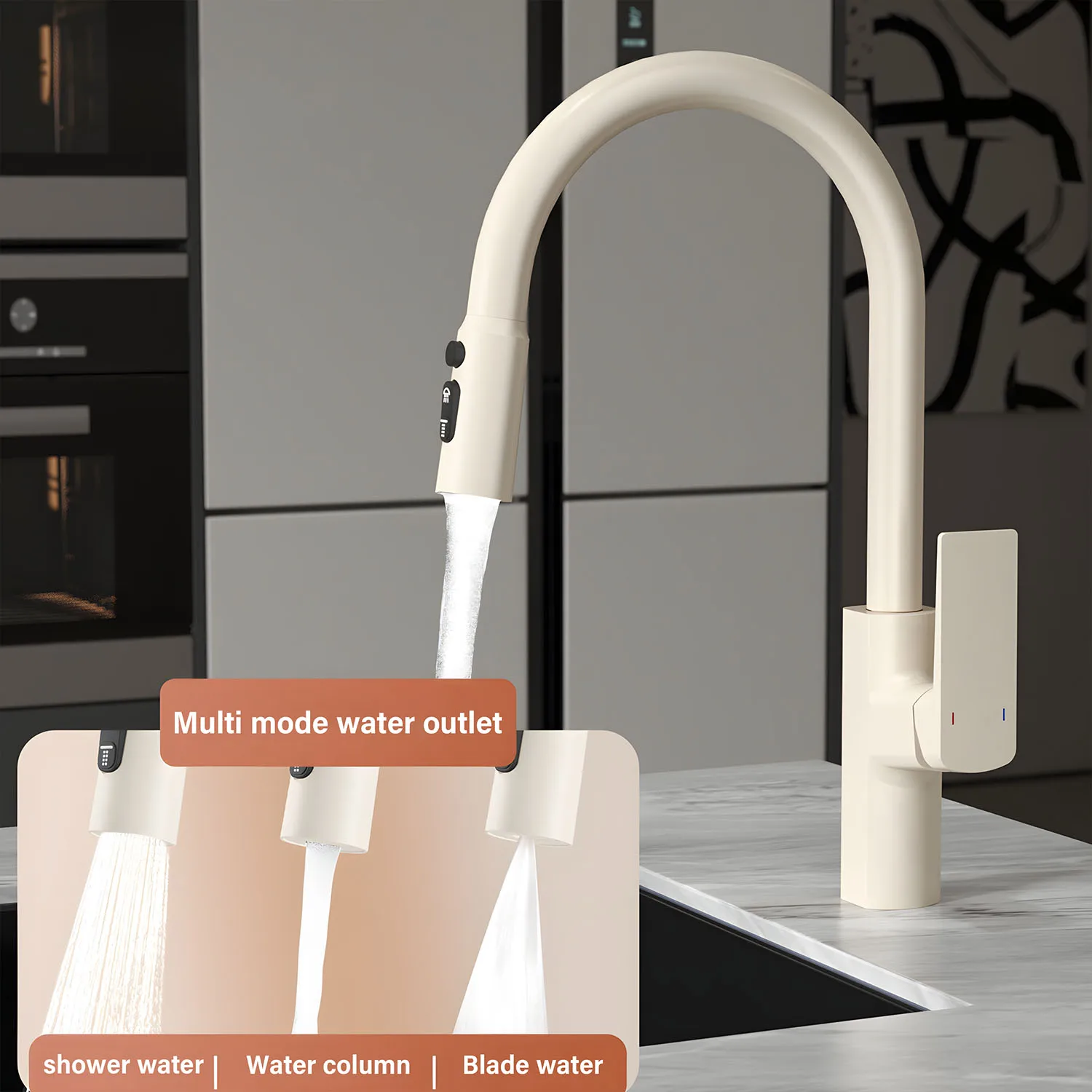 

Усовершенствованный молочно-белый полностью медный выдвижной смеситель для горячей и холодной раковины для бытовой выдвижной вращающейся кухонной мойки, защита от брызг