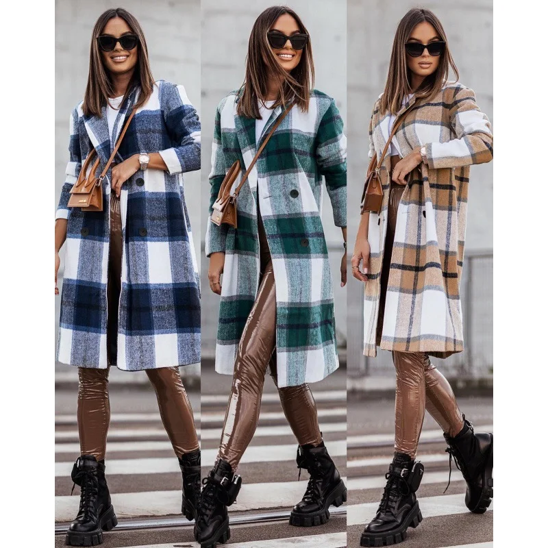 

2023 Autumn/winter Fashion Plaid Printed Woolen Long-sleeved Coat Lapel Double-breasted Straight Woolen Coat Women's Clothing