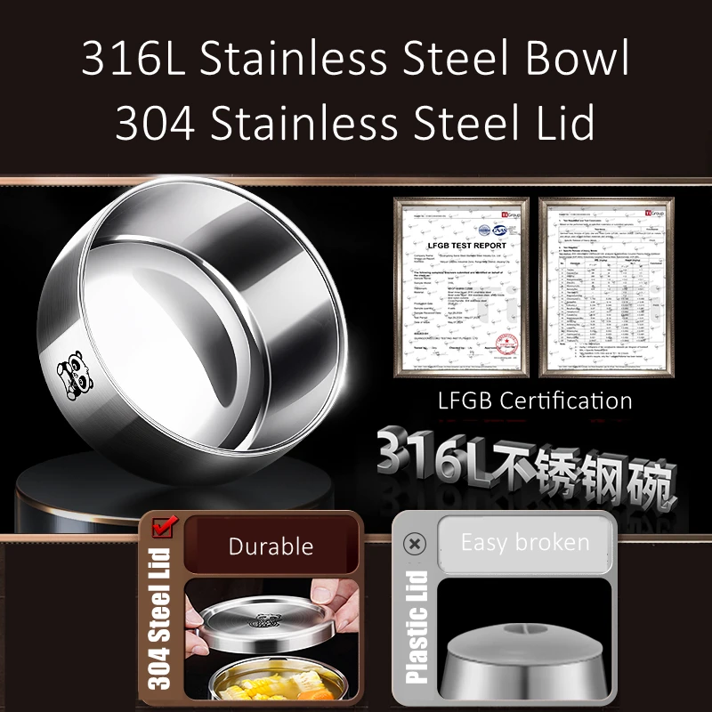 99.9% Anti-bacterial LFGB Certificate LFGB Certificate 316 Stainless Steel Baby Bowl with Lid Heat Insulating Warm Keep Cutlery