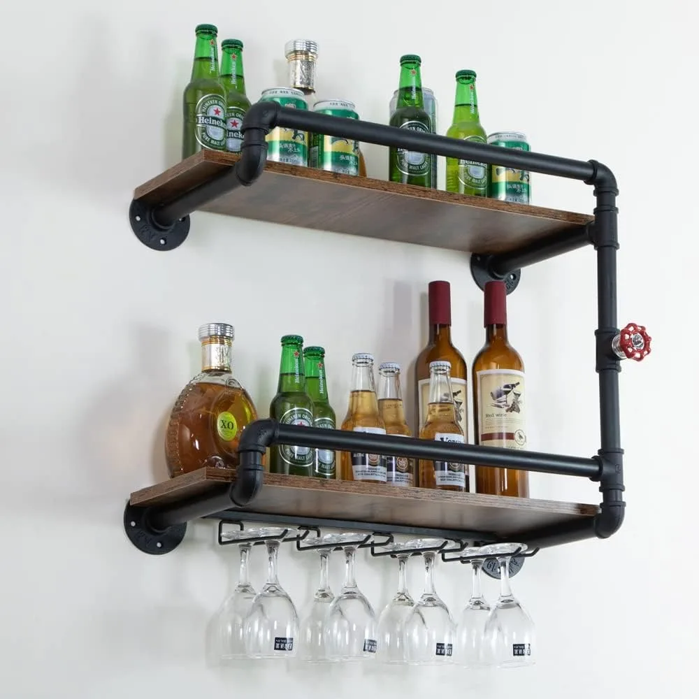 Wijnrek Muur Gemonteerd 2 Tier, Hangende Zwevende Kleine Mini Bar Liquor Planken Met Glazen Houder Opslag Onder