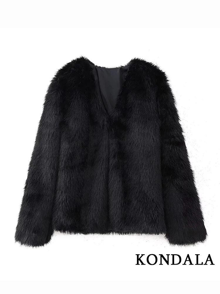 KONDALA Vintage Black Faux Fur Leather Night Party Cardigan Fashion 2023 Autumn Chic Luxury Jackets V Neck Elegant Women Outwear