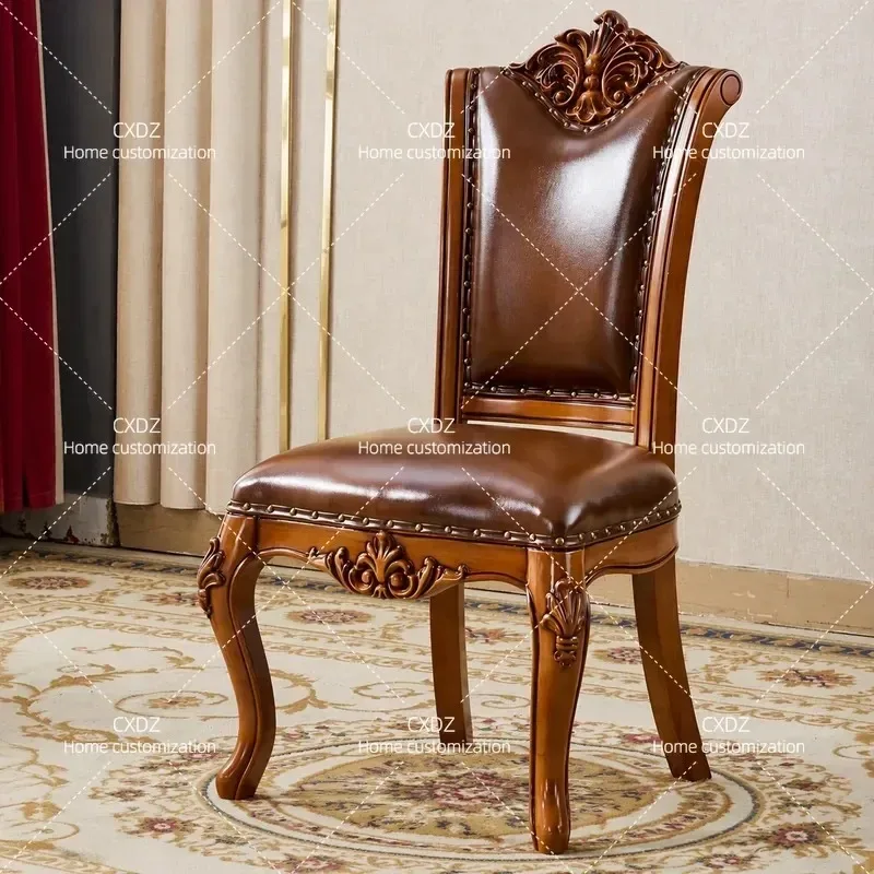 European Solid Wood Carved Dining Chair with Armrests Leather Upholstery Retro Style for Villa Luxury Restaurant Home