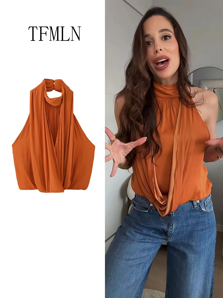 Damen Neckholder Plissee Strandtops 2026 Sommer Rückenfreie Orange Lässige Pullover-Shirts Modische Schicke Falten Streetwear Ärmellose Oberteile